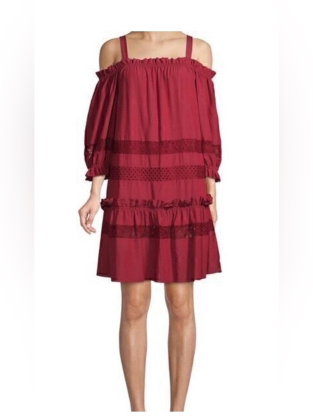BCBGMaxAzria Burgundy Off-Shoulder Ruffle Dress Size L